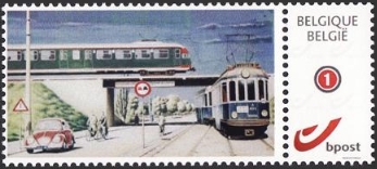 year=?, Belgian personalized stamp with train and tram in The Hague